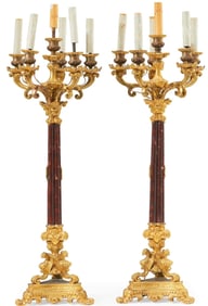 Pair of 35" Antique Gilt Bronze and Marble Candle Lamps