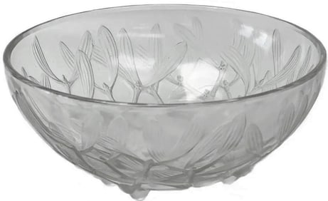 Rene Lalique France Clear Cut Glass Gui Centerpiece Bowl, Mistletoe Leaves