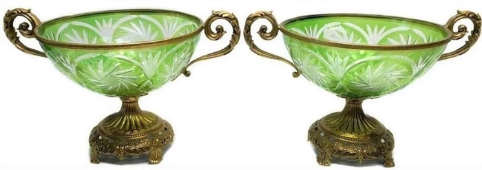 Large Pair Gilt Metal Mounted Green Cut Glass Centerpiece Bowls