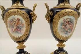 Large Pair Antique Circa 1880 French Porcelain Ormolu Cobalt Ground Sevres Style Urns