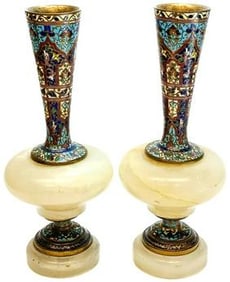 Antique Circa 1890 French Champleve Enamel Gilt Bronze White Onyx Footed Vases