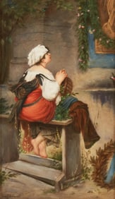 17" Large Antique 19th Century Emil Eckardt KPM Porcelain Plaque Framed Girl with Basket