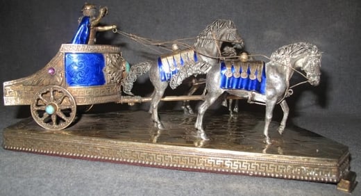 13" Large Antique Rare, Jeweled Sterling Silver & Enamel Chariot pulled by 4 Horses Sculpture