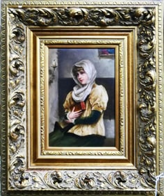 Large Antique 19th Century KPM Hand Painted Plaque Young Girl