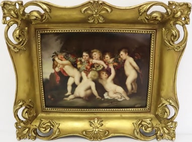 Large Antique 19 Century German Hand Painted KPM Porcelain Plaque Depicting Angel Scene