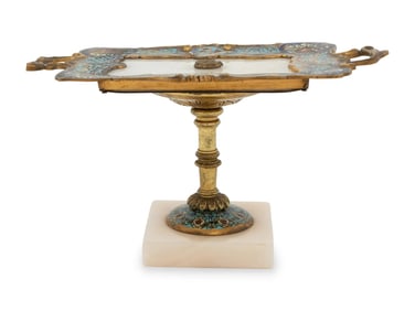 A Large 19th Century Antique French Gilt Bronze Champleve Enamel Alabaster Serving Card Tray