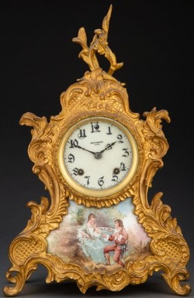 Large Antique New Haven Circa 1900 Louis XV-Style Gilt Metal and Enamel Clock (1 of 2)