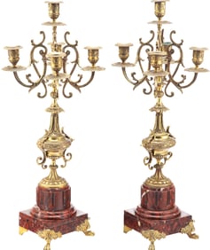 Large Antique 20th Century Pair of Five Light Gilt Bronze and Marble Candelabra