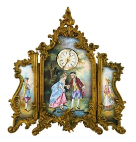 19th C. Viennese Enameled Austria Vienna Three Panel Gilt Bronze Screen with Clock