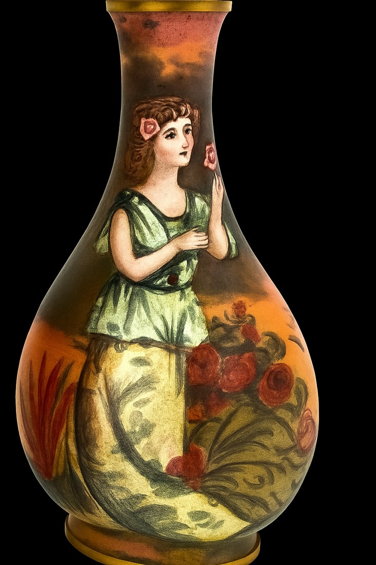 Antique French Limoges Enameled Foil Over Copper Cabinet Vase: Antique French Limoges Enameled Foil Over Copper Cabinet Vase Hand Painted Circa 19th century