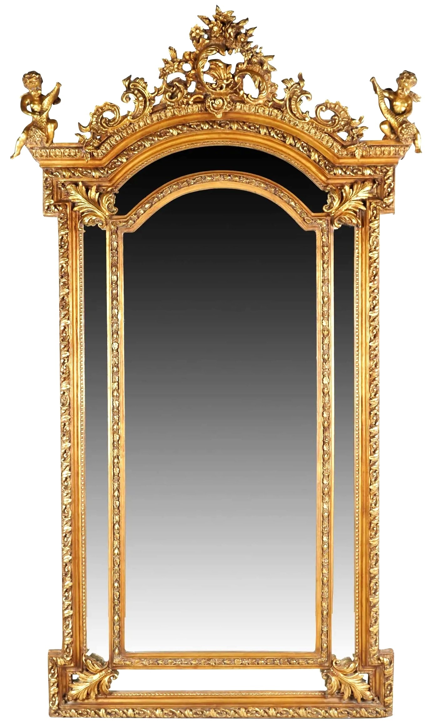 Large 94.5" Antique French Gilt Wood Carved Wall or Console Mirror Cherub Floral Decorated (1 of 11)