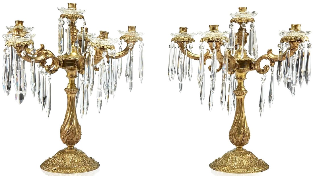 A large pair of Louis XV-style gilt-bronze and cut glass six-light candelabra (1 of 2)