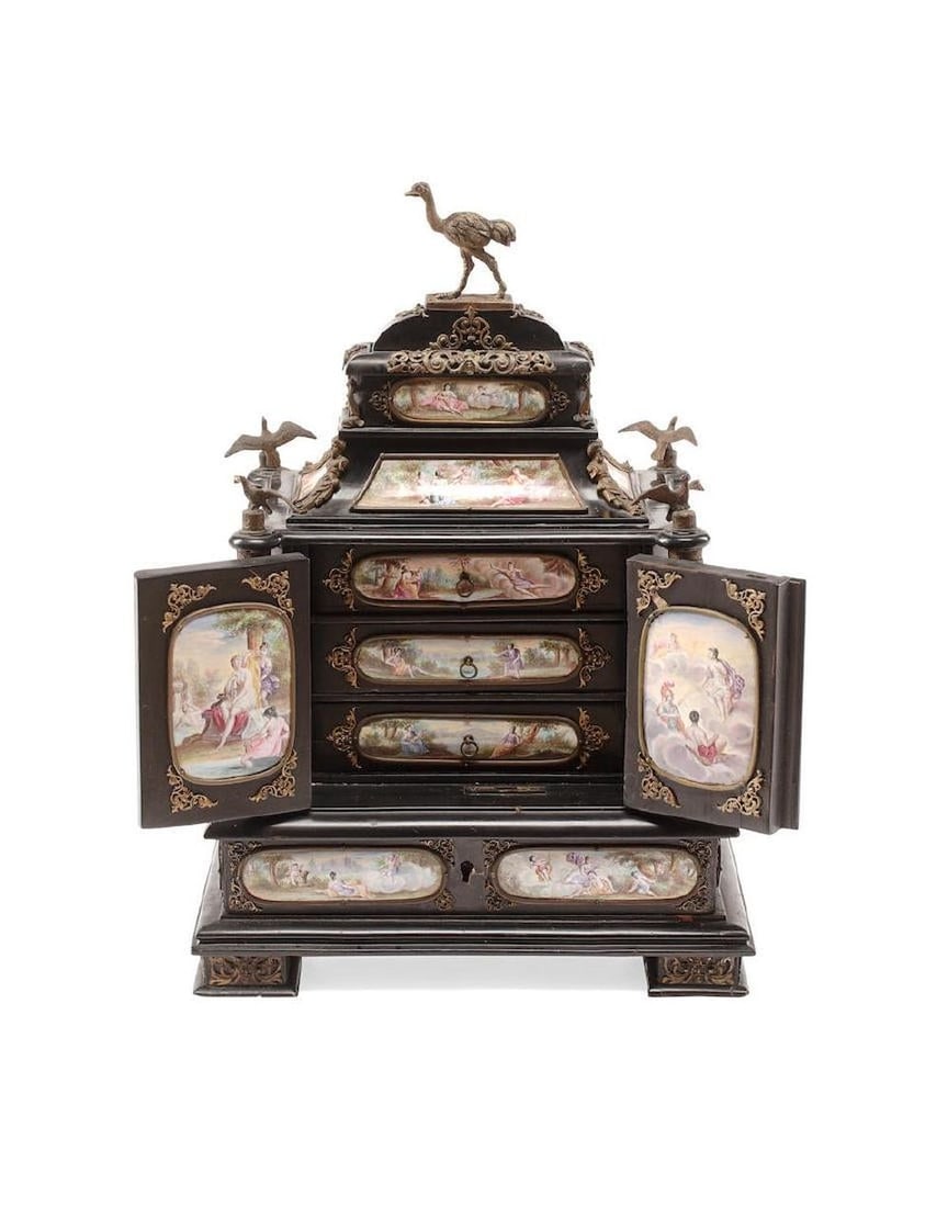 Large Antique 19th C. Austrian Vienna Viennese Enamel Mounted Ebonized Gilt Bronze Jewelry Casket: Large Antique 19th C. Austrian Vienna Viennese Enamel Mounted Ebonized Gilt Large Bronze Jewelry Chest Casket Box Ebonized Miniature Cabinet with Viennese Enamel Plaques Fourth quarter 19th-century Di