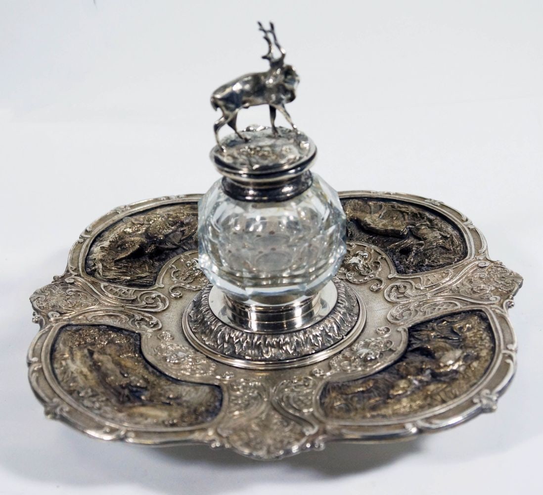 Repousse Silvered Metal Inkwell With Deer (1 of 6)