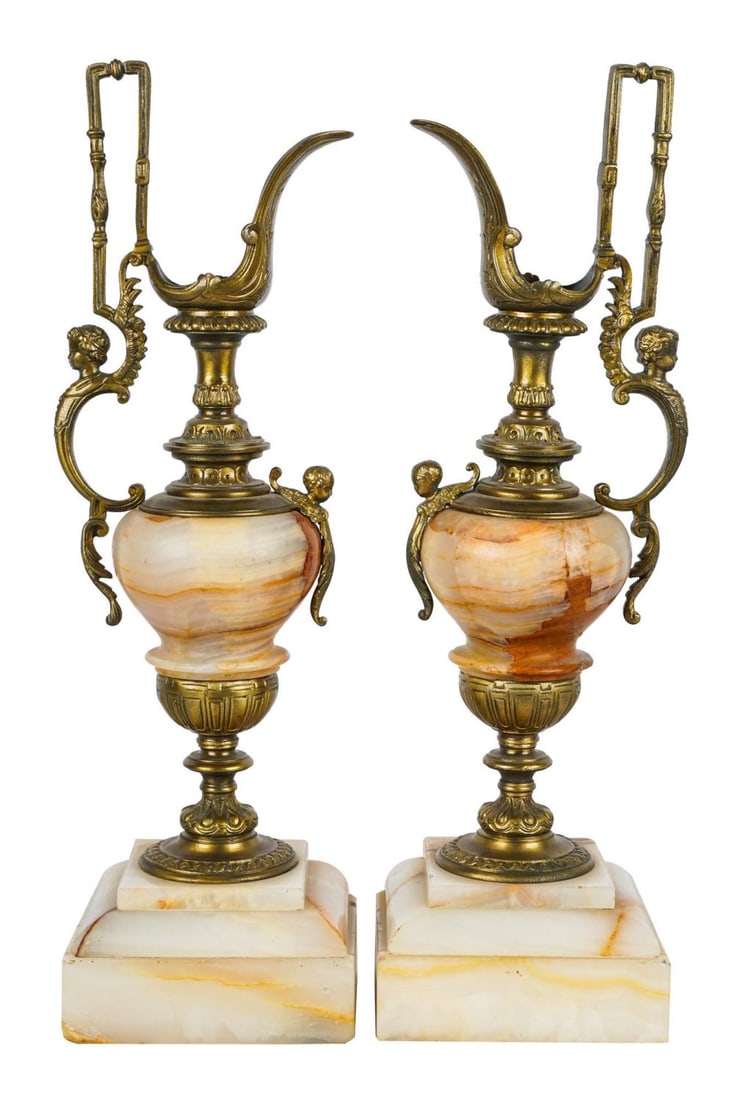 Pair Of Onyx & Gilt Metal Ewers: each 14 1/2 inches high