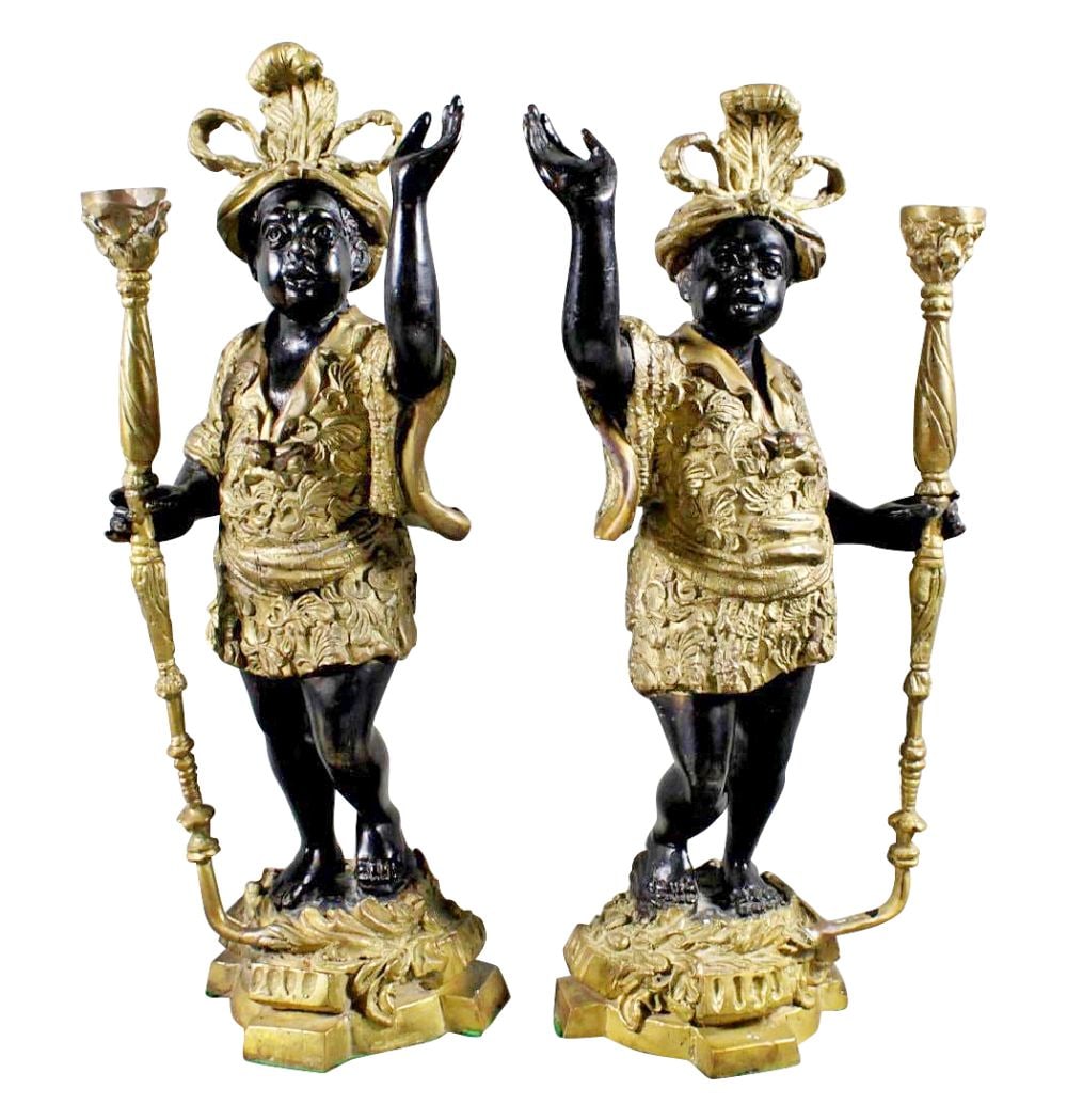 Pair Of Venitian Bronze Blackmoor Figures: Pair Of Venitian Bronze Blackmoor Figures. Measures H: 16 1/2" W: 6"