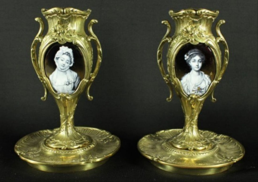 Pair Of Limoges Bronze Vases With Enamel Plaque Inserts (1 of 6)