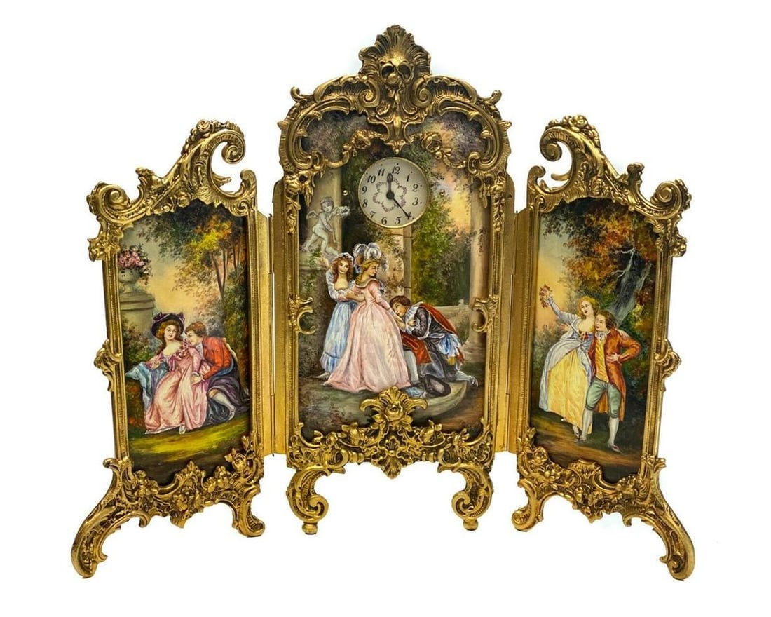 Large French Enamel & Gilt Bronze Table Screen Clock (1 of 6)