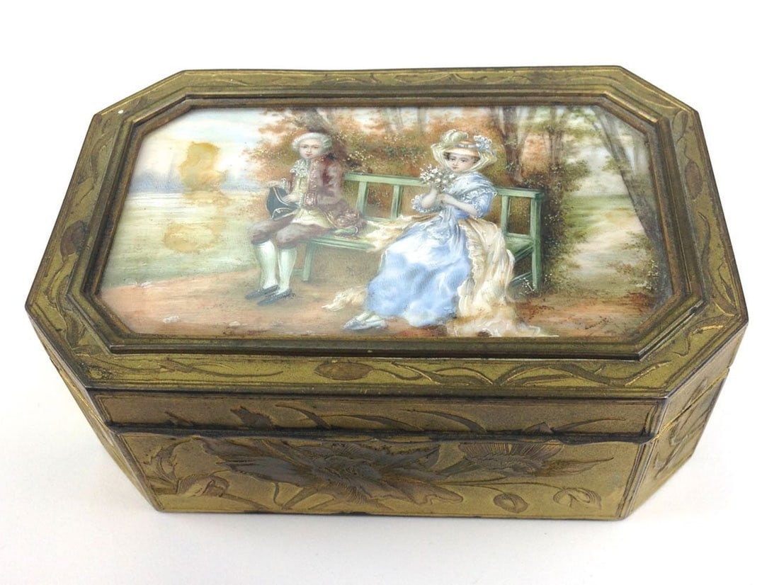 Late 19Th C. French Fine Gilt Rectangular Box: Late 19Th C. French Fine Gilt Rectangular Box. With French Romantic Oil Panel Courting Scene Under Glass Of Couple On Bench By River 4.5" X 3" X 1.5" Panel Signed