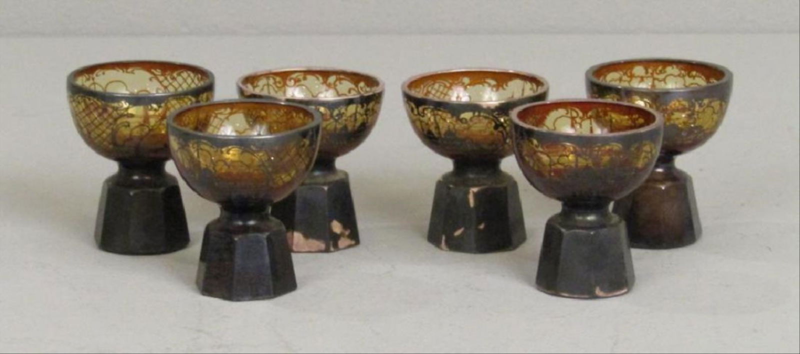 Set Of 6 Silver Overlay Glasses: Silver Overlay On Brown Ground And Base. Some Wear To Silver. 2.5"H