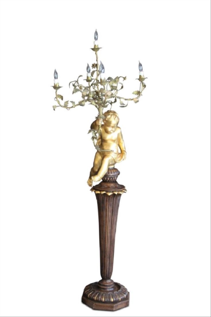 French Gesso Carved Cherub Lamp W/ Pedestal (1 of 3)