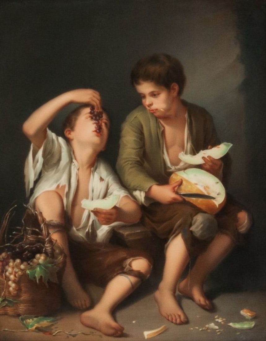 German Porcelain Plaque After Bartolom Esteb: A German Porcelain Plaque After Bartolom Esteban Murillo: Boys Eating Grapes 11 Inches High X 8-1/2 Inches Wide (27.9 X 21.6 Cm) (Plaque) Framed Dimensions 17 X 14-1/4 X 1 In.