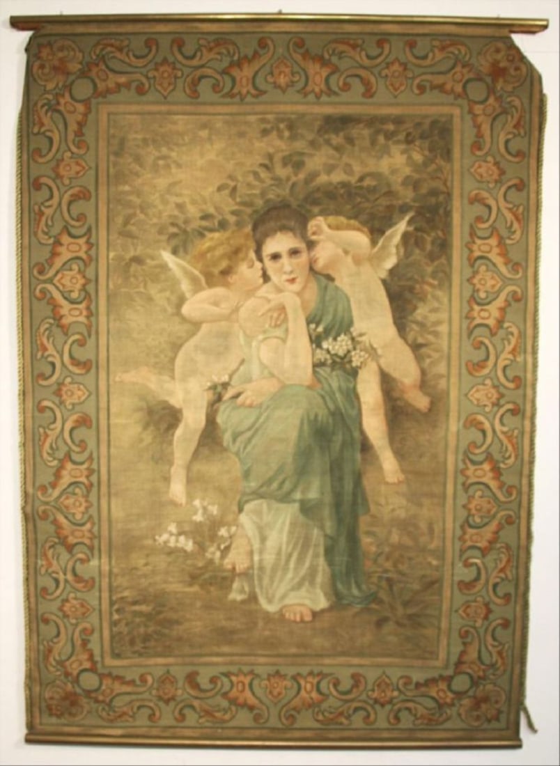 Art Nouveau Painted Tapestry: An Unsigned Art Nouveau Painted Tapestry With A Maiden And Two Cherubs. 73 In X 51 In.