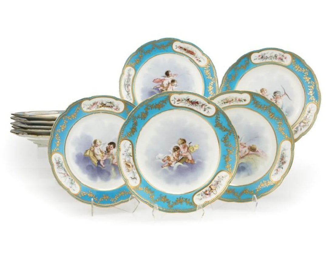 Set Of 10 18Th C. Sevres Bleu Celeste Cabinet Plates: Set Of 10 19Th C. Sevres Bleu Celeste Cabinet Plates. 1758-1786 Each With Blue Intertwined ''L'' Maker'S Marks Centering Date Letters, Six Further Inscribed With ''P.H.'' Decorator'S Mark For Philippi