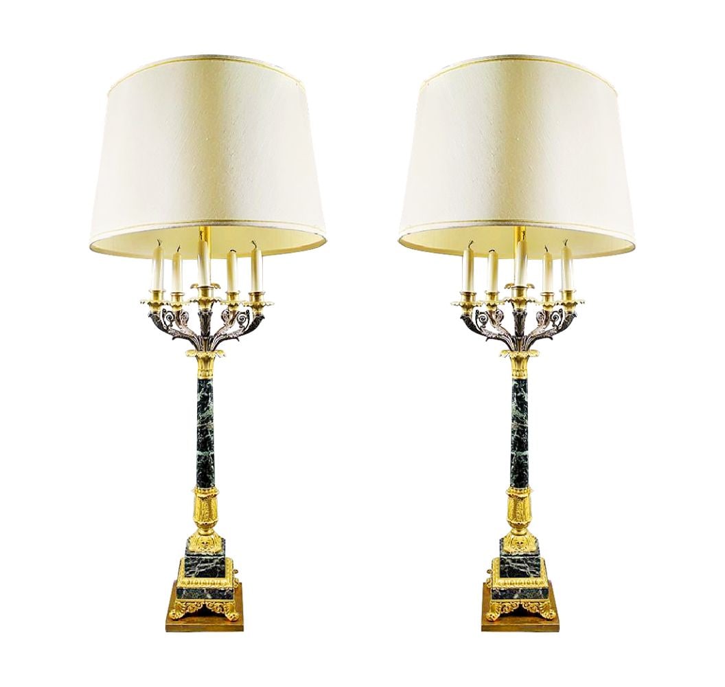 Pair Of French Marble And Bronze Candelabra Lamps 43" X (1 of 5)