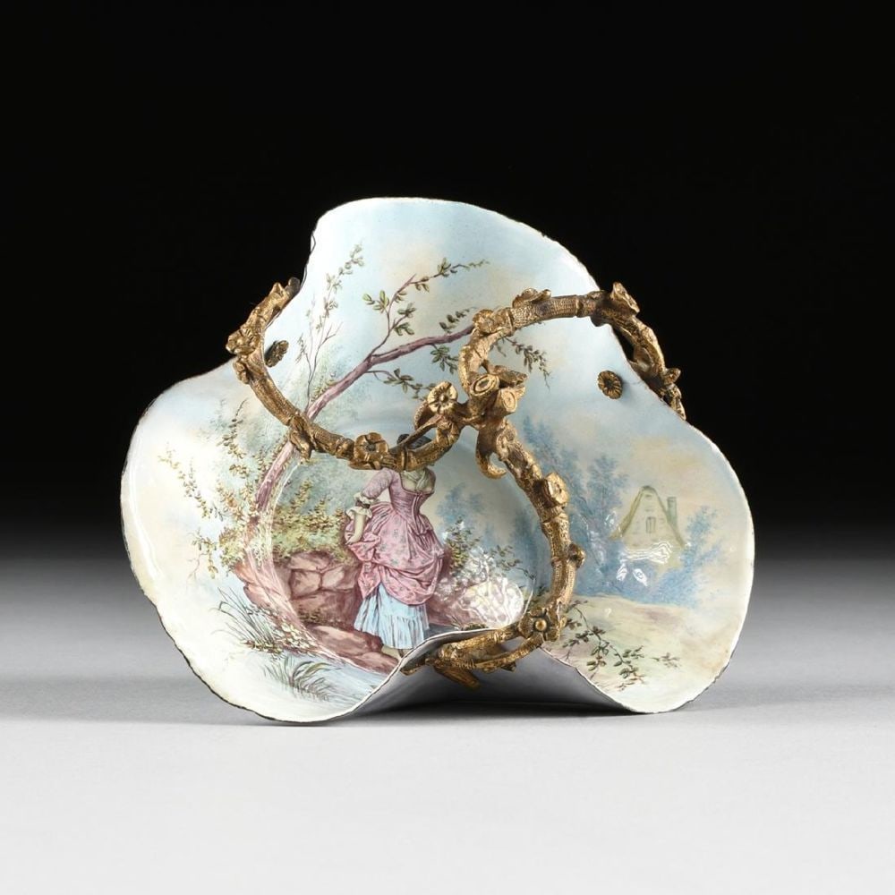 French Gilt Bronze Mounted And Painted Enamel Bowl: A French Gilt Bronze Mounted And Painted Enamel Bowl, Signed, Late 19Th Century, With A Waved Circular Bowl Centering A Nicely Painted Scene Of A Maiden Seated Along The Rocky Banks Of A Meandering St