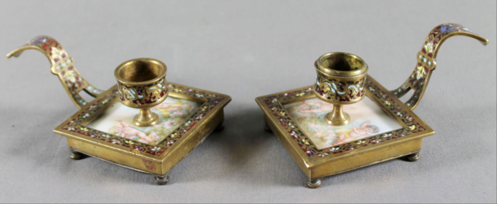 Pair Of French Champleve And Enamel Candleholders (1 of 4)