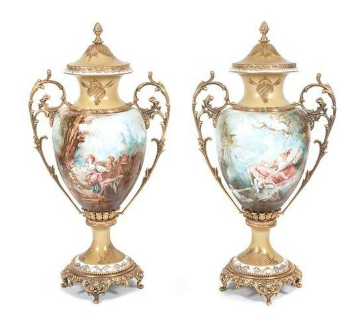 Pair Of Italian Tiche Gilt Metal Mounted Covered: Each Of Baluster Form, Painted To Show Figures Within Pastoral Scenes, Marked On Underside.Height 38 Inches.