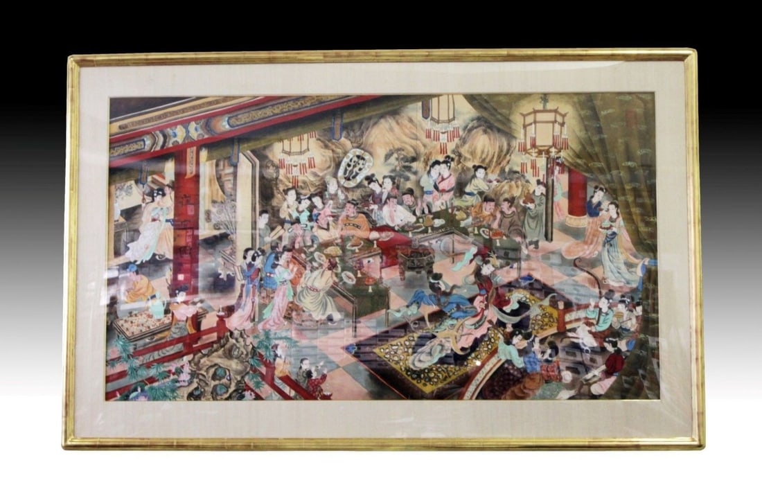 Gigantic Chinese Interior Group Scene Watercolor (1 of 4)