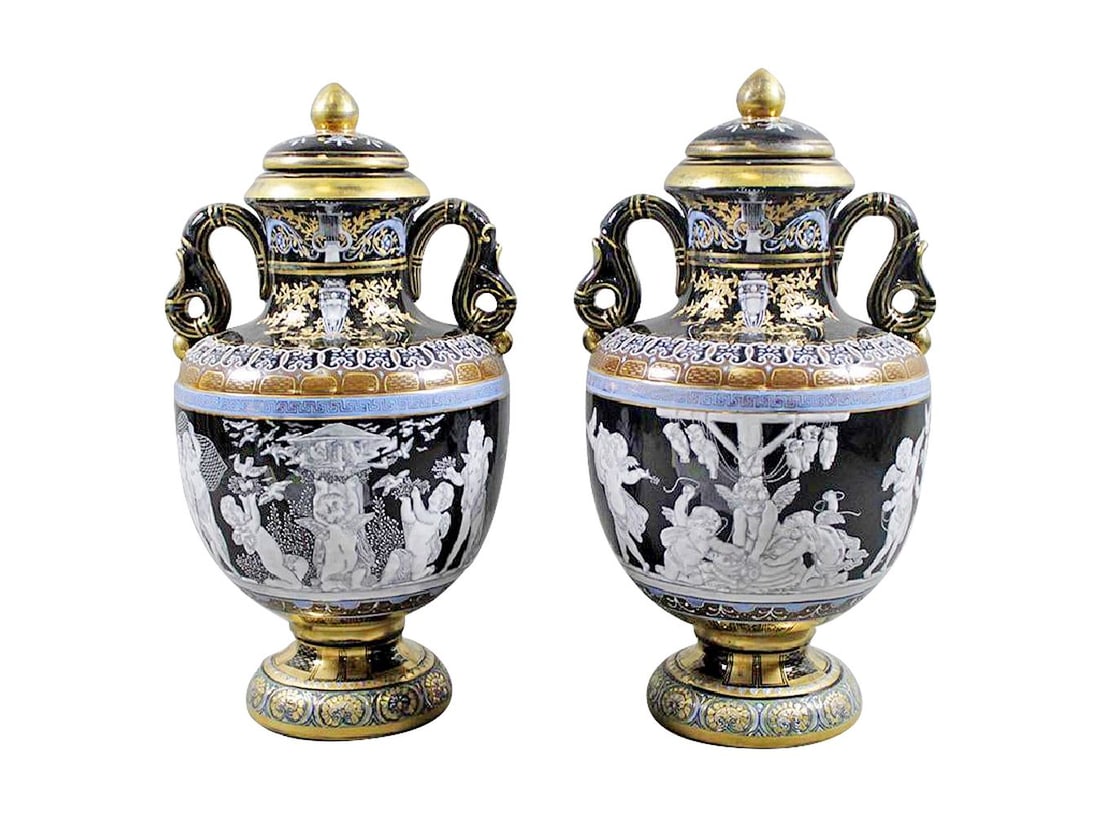 Pair Of Minton Style Two-Handle Porcelain Urns With (1 of 8)