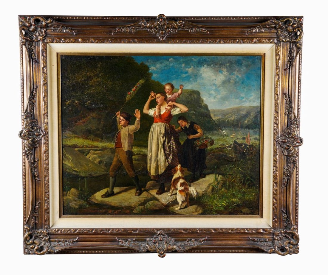 Mother & Children On A Path: oil on canvas, laid down on panel signed and dated lower left 24 x 30 inches