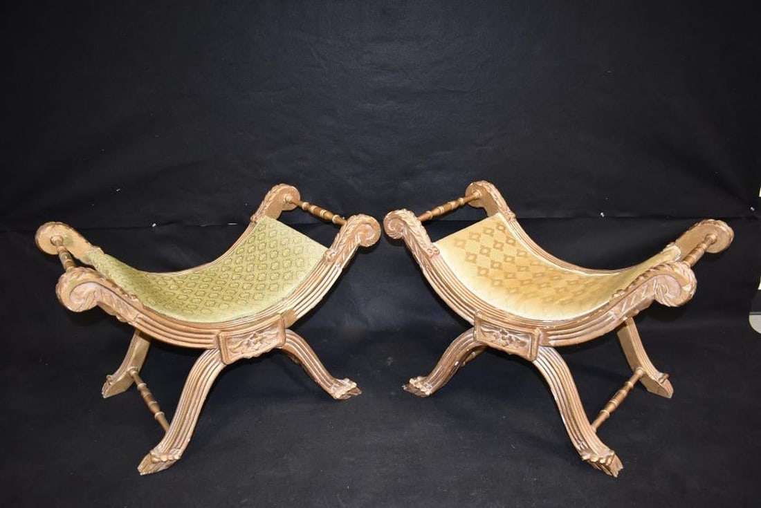 Pr. Gold Gilt Egyptian Revival Stools: 31" WIDE X 19" DEEP X 22" TALL