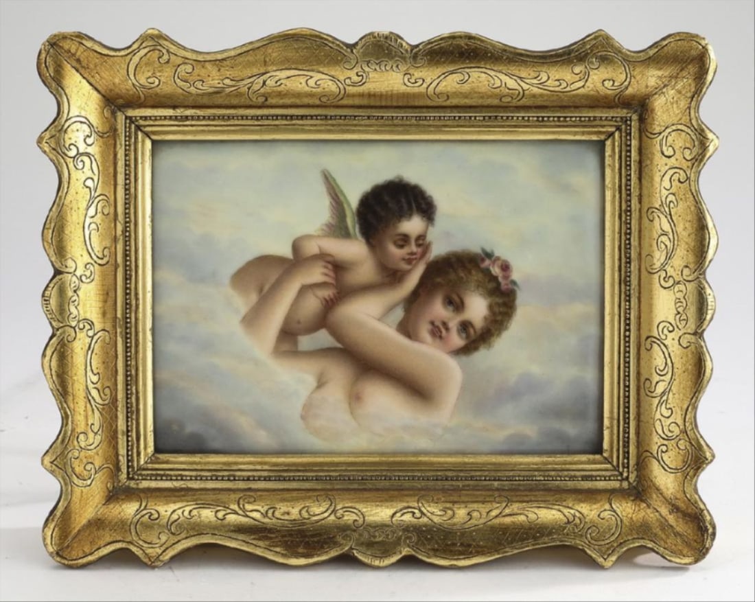 Early 20Th C Hand Painted Porcelain Plaque: Hand Painted Porcelain Plaque, Early 20Th Century, Depicting Cupid And Venus Amidst Clouds, Indistinctly Signed Lower Right, In A Gold Frame, 4.5"H X 6.5"W; Overall Size With Frame 7.5"H X 9.5"W X 2"D