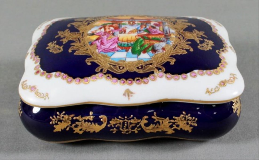 Antique 6.75" Sevres Style Cobalt Blue Trinket Box (1 of 5)