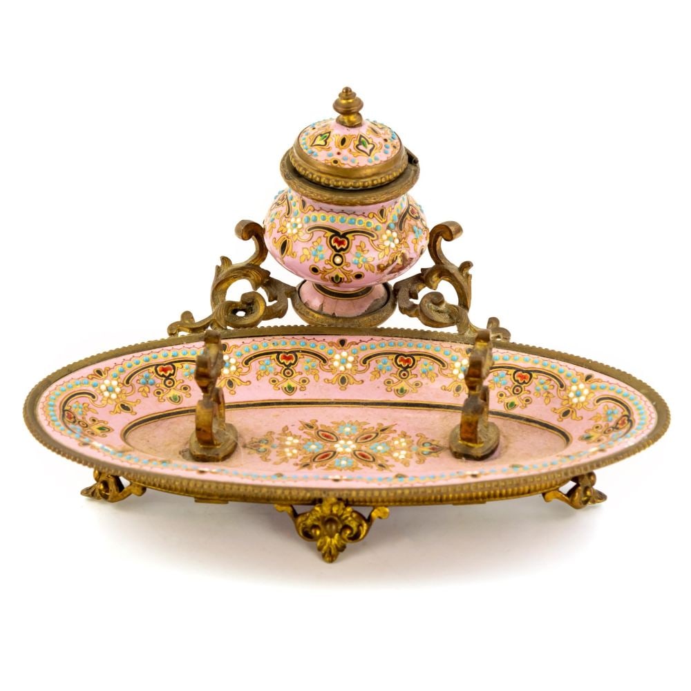 French Dore Pink Jeweled Enamel Bronze Pen Rest Inkwell (1 of 8)