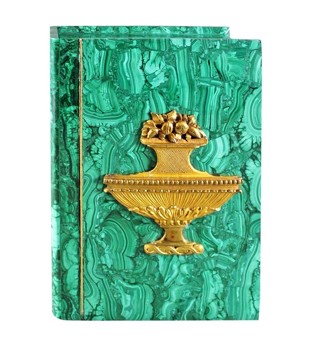 A Russian Malachite And Dore Bronze Book Shaped Box: A Russian Malachite And Dore Bronze Book Shaped Box, Measures 3 1/4"X 9" X 12 1/2"..14 1/2" (When Opened)