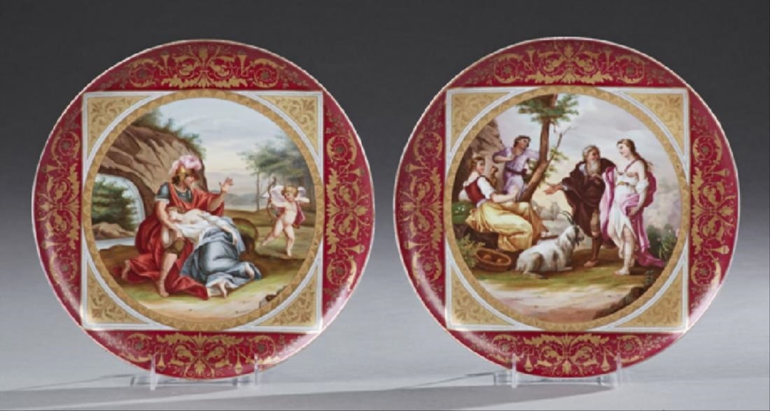 After Ernst Ludwig Plass (1855-1917), "The Temptation,": After Ernst Ludwig Plass (1855-1917), "The Temptation," And "Mars And Venus," 19Th C., Pair Of Royal Vienna Chargers, The Borders With Elaborate Gilt Decoration On A Magenta Ground, With Central Hand