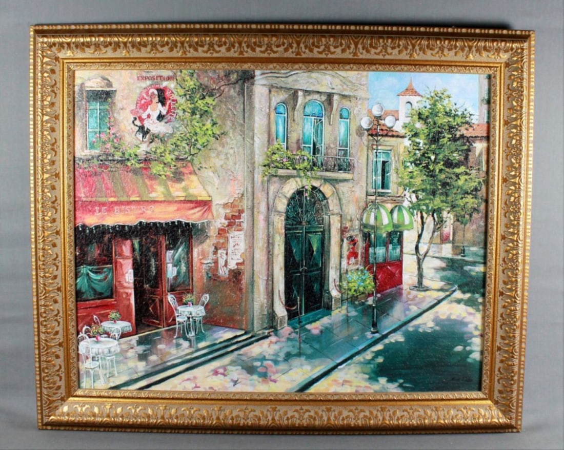 Antique Painting On Canvas Of French Street Scene, (1 of 3)