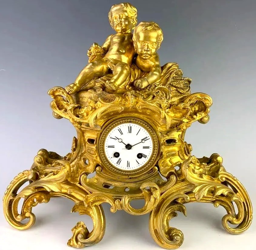 French Dore Bronze 2 Putti Clock C. 1880 (1 of 2)