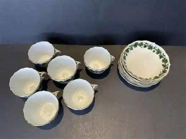 Antique Set of 6 Meissen Porcelain Green Vine Cups and Saucers in Box (1 of 2)