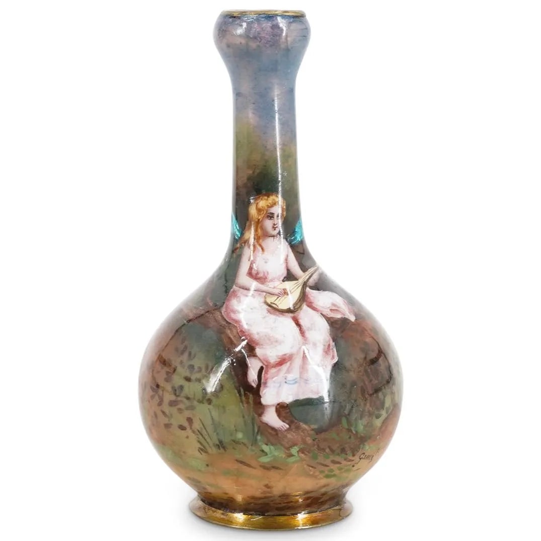 Antique 19th C. French Limoges Hand Painted Enamel on Bronze Miniature Portrait Vase: Antique 19th C. French Limoges Hand Painted Enamel on Bronze Miniature Portrait Vase A French antique miniature Limoges enamel vase decorated with an enamel hand-painted scene motif depicting a winged