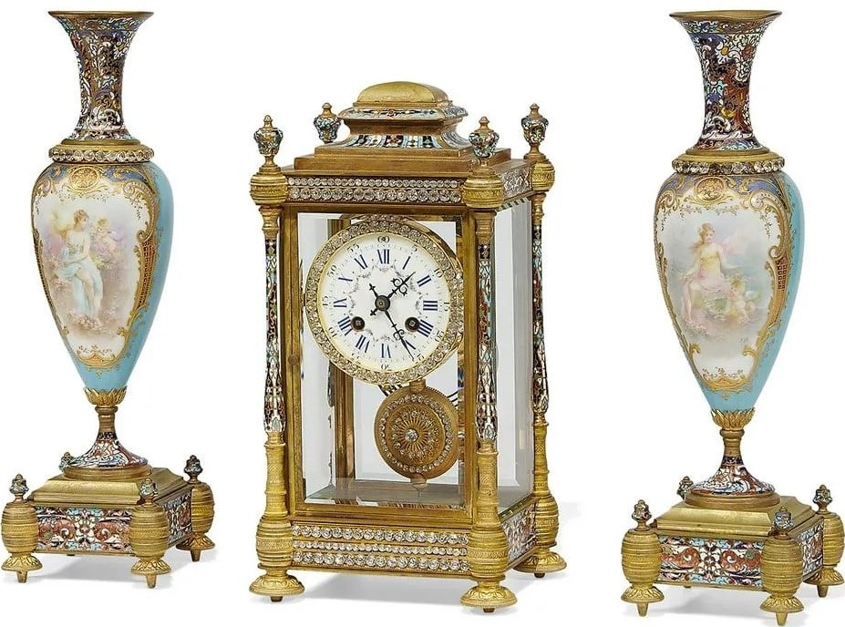 Antique 1889 Samuel Marti & Cie French Bronze and Porcelain three-piece Clock Garniture (1 of 3)
