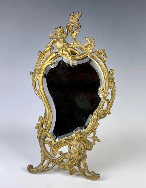 Large 16" Art Nouveau Gilt Bronze Cherub Beveled Mirror (1 of 3)