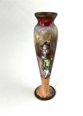 19th C. Austrian Vienna Viennese Enameled Vase: 19th C. Austrian Vienna Viennese Enameled Vase Viennese enameled on the copper miniature vase with a picture of a Continental man artist signed 6 1/2" tall CONDITION: Good with no issues