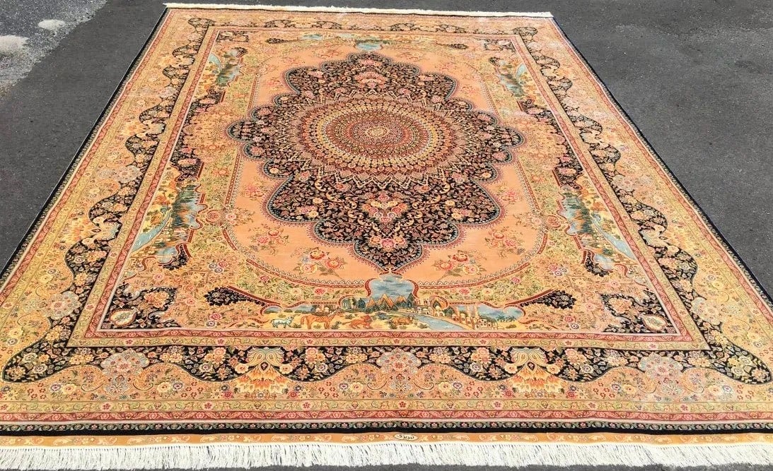 Important Oriental Pure Silk Handwoven Large Room Size Rug: Important Oriental Pure Silk Handwoven Large Room Size Rug Important super fine Pure Silk on Silk Handwoven room-size rug Signed TABRIZI in Persian letters This lovely silk rug measures 9 feet wide by