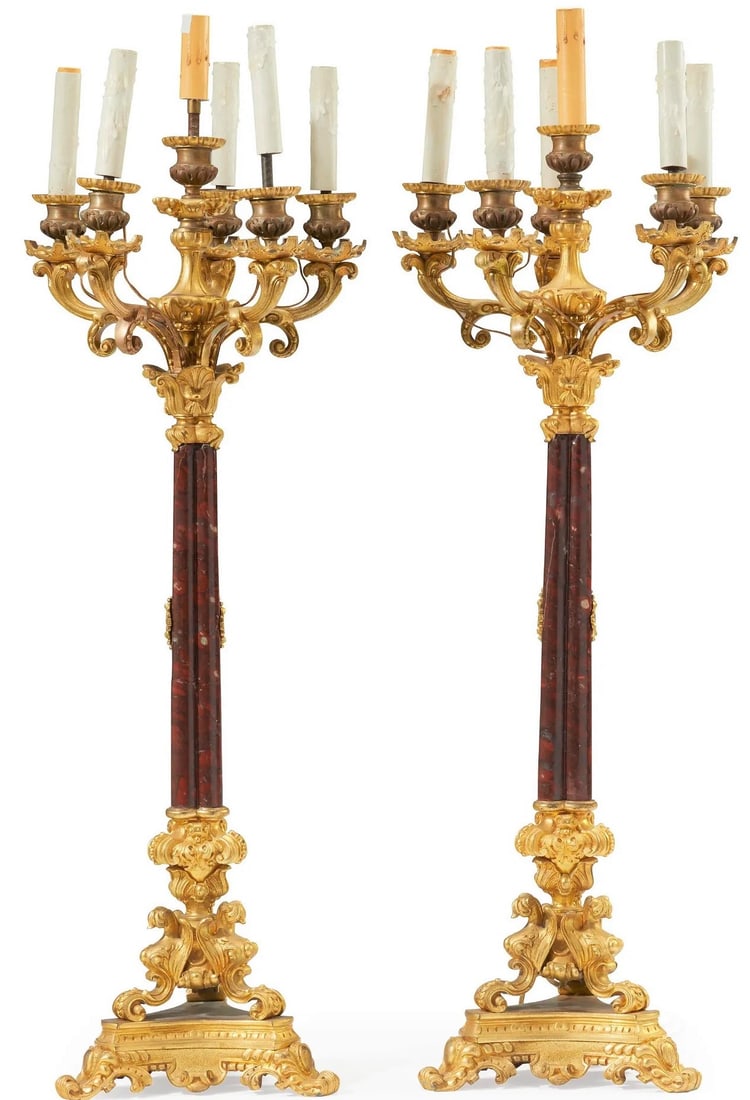 Pair of 35" Antique Gilt Bronze and Marble Candle Lamps (1 of 1)